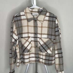 For The Republic Women's Plaid Utility Jacket - Cream and Gray